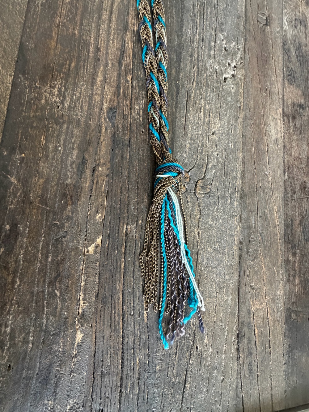 Layered Chain and Thread Tassel Necklace - Turquoise & Bronze